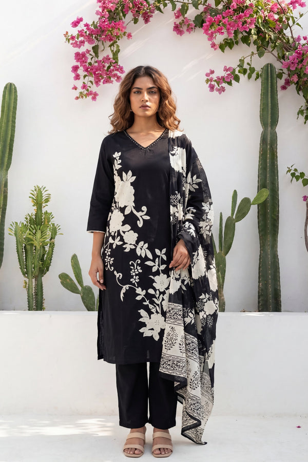 Obsidian Garden Drift Floral Cotton Dupatta Set