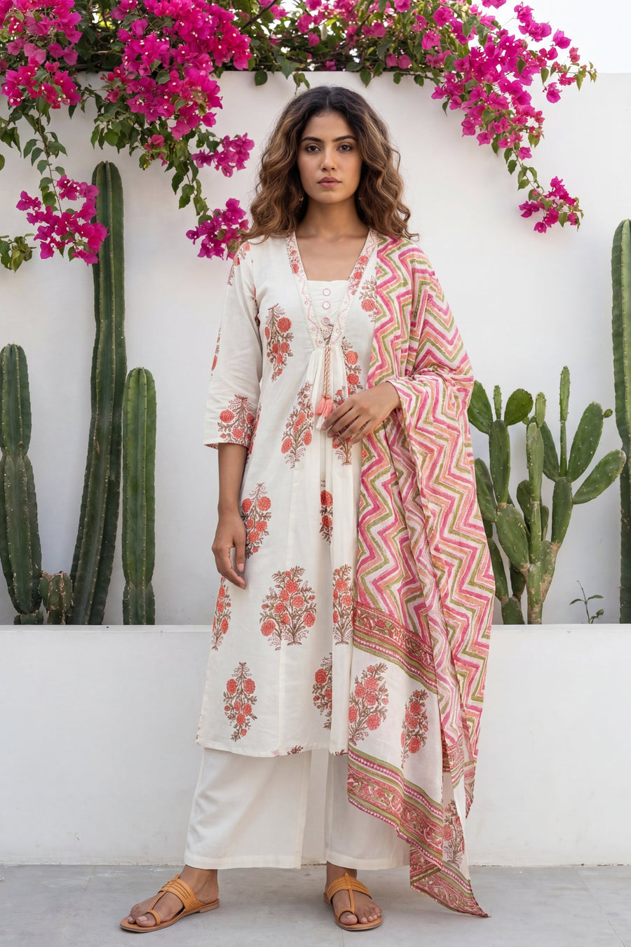 Ivory Boota Tassel Floral Cotton Dupatta Set — image 5