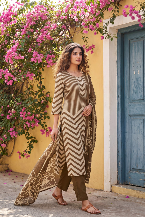 Olive Stripe Botanica Cotton Dupatta Set