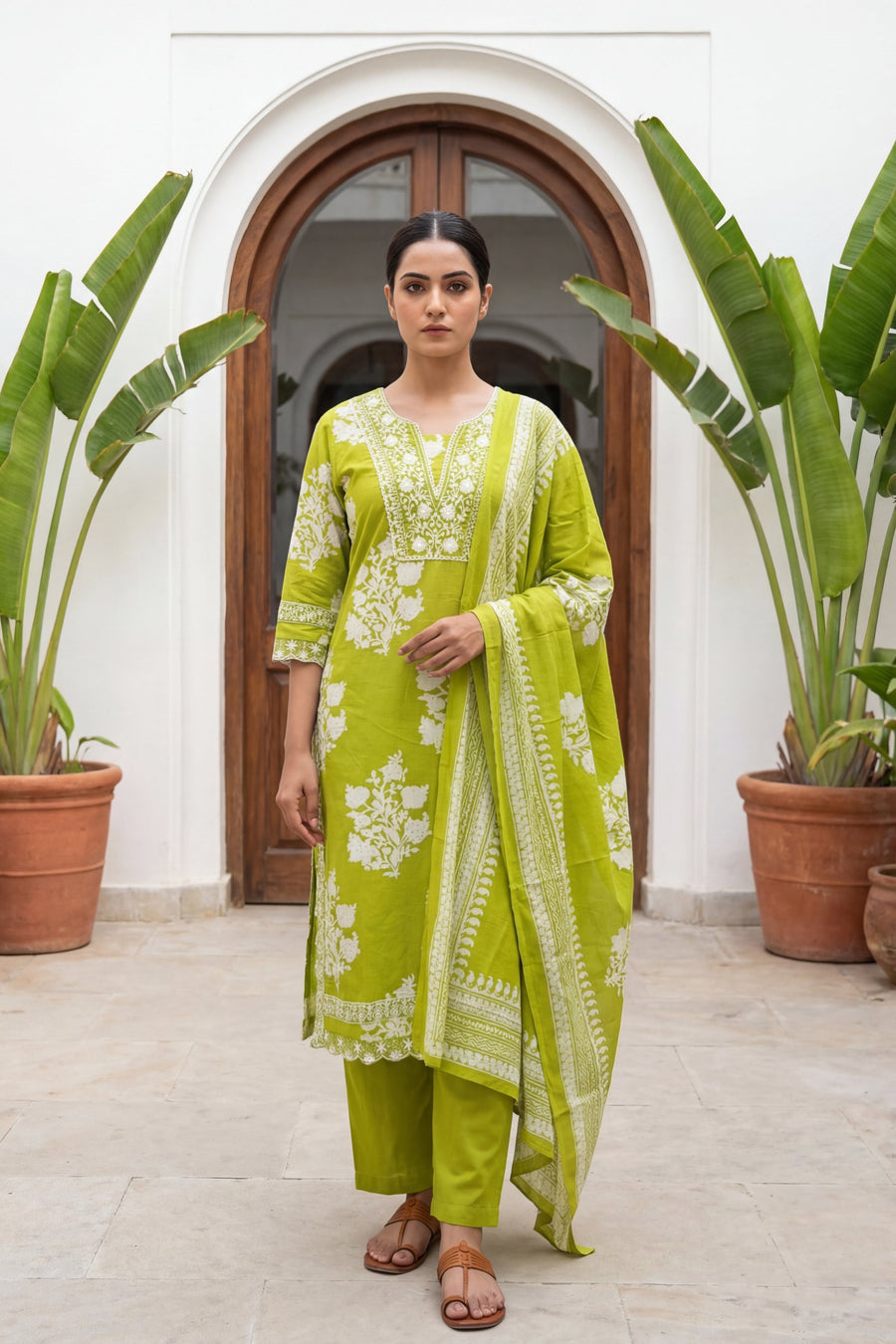 Lime Blossom Crest Floral Cotton Dupatta Set — image 11