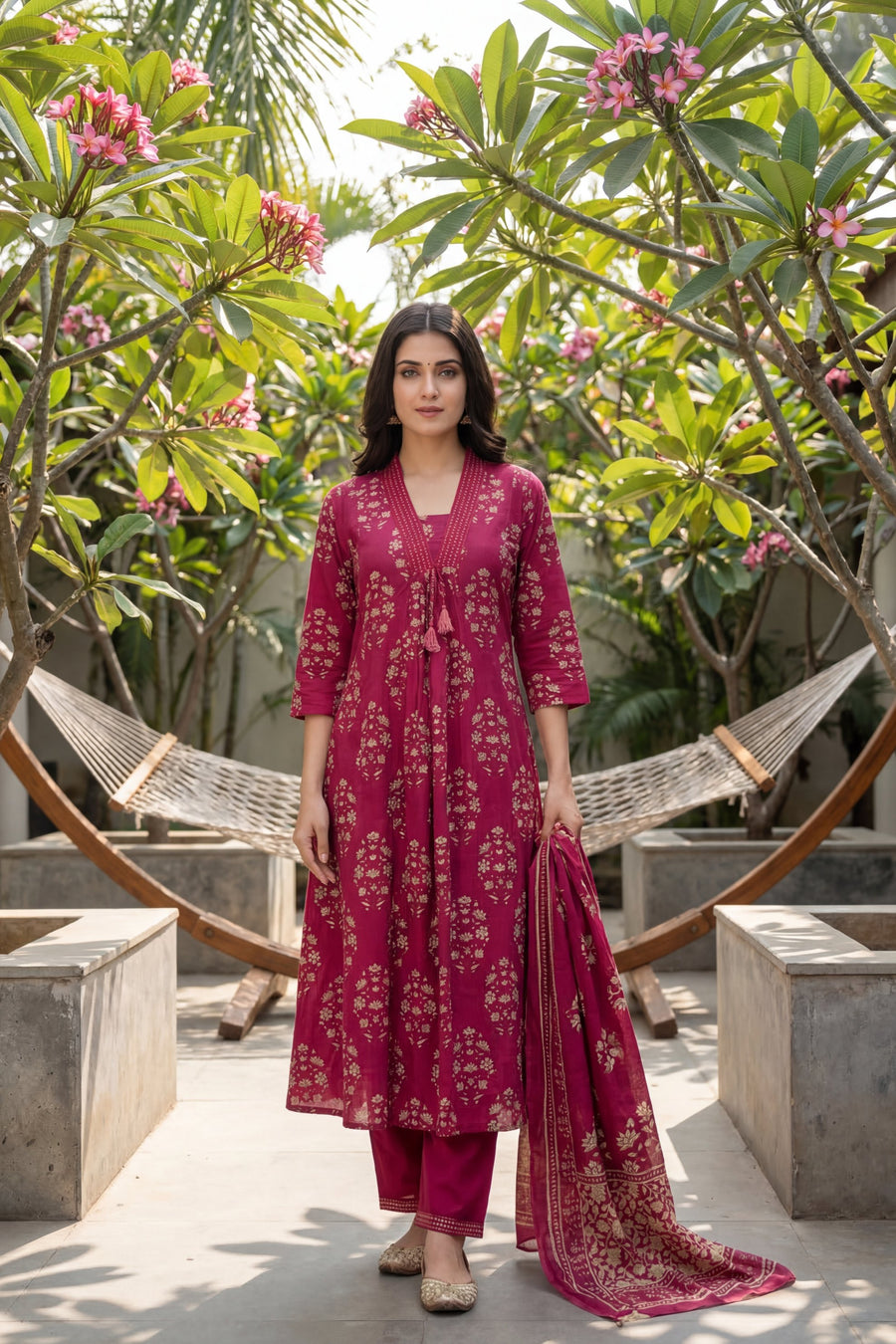 Berry Mughal Tassel Floral Cotton Dupatta Set — image 5