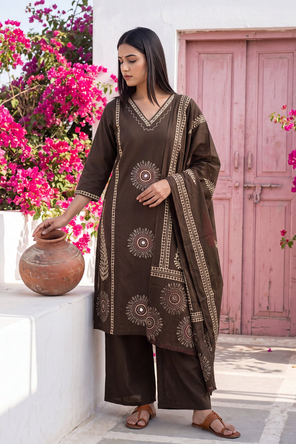 Cinnamon Tawny Cotton Dupatta Set