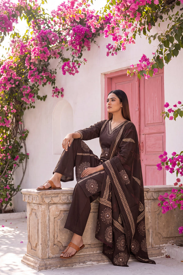 Cinnamon Tawny Cotton Dupatta Set
