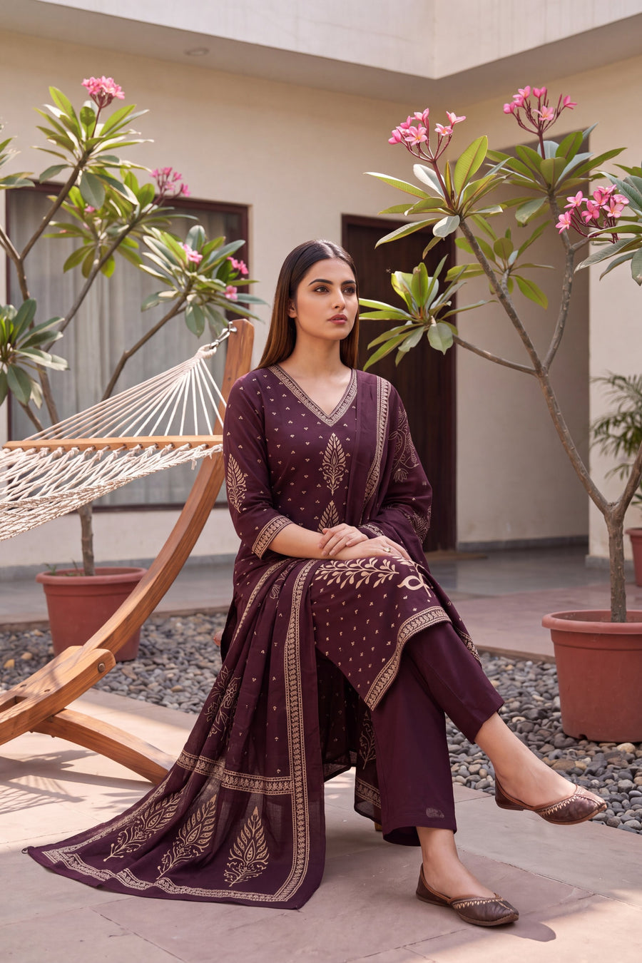 Tuscan Plum Cotton Dupatta Set — image 2