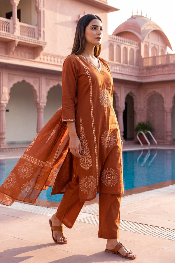 Sahara Orange Cotton Dupatta Set