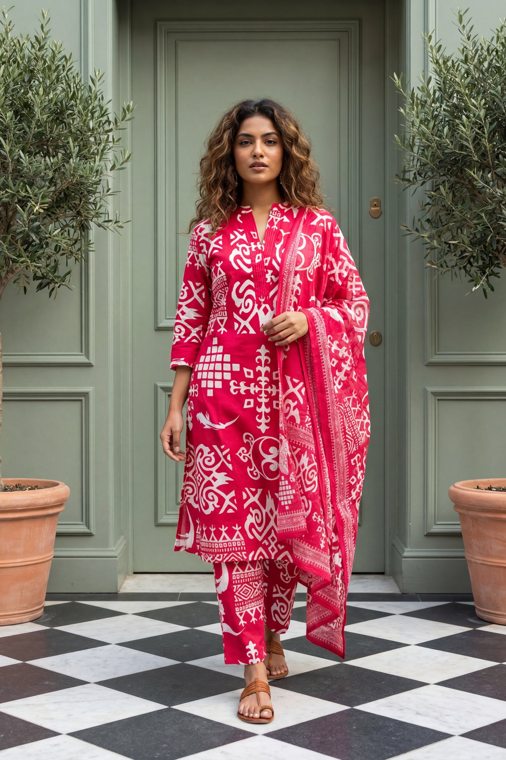 Joyful Radiance Pink Cotton 3-Piece Co-ord Set | Handcrafted Geometric Print | Me&My