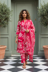 Joyful Radiance Pink Cotton 3-Piece Co-ord Set | Handcrafted Geometric Print | Me&My