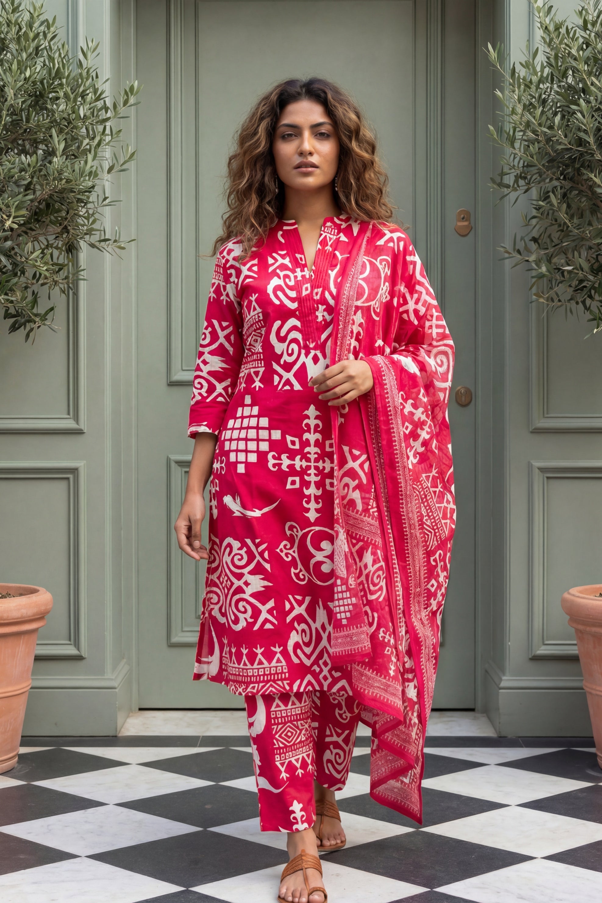 Joyful Radiance Pink Cotton 3-Piece Co-ord Set | Handcrafted Geometric Print | Me&My