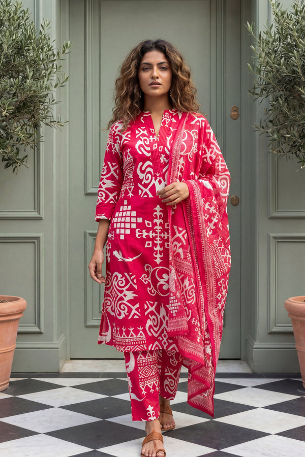 Joyful Radiance Pink Cotton Dupatta Set