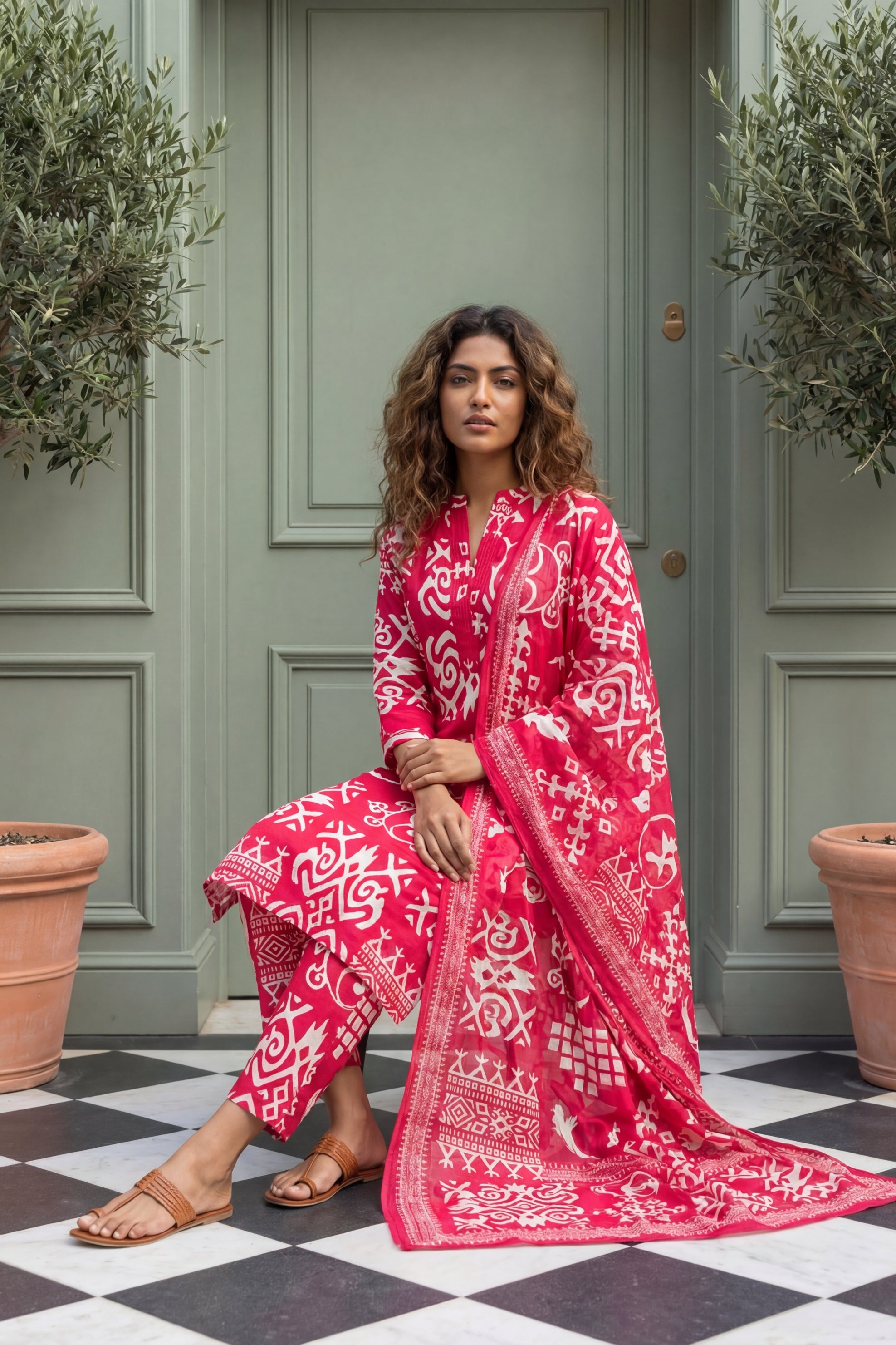 Joyful Radiance Pink Cotton 3-Piece Co-ord Set | Handcrafted Geometric Print | Me&My