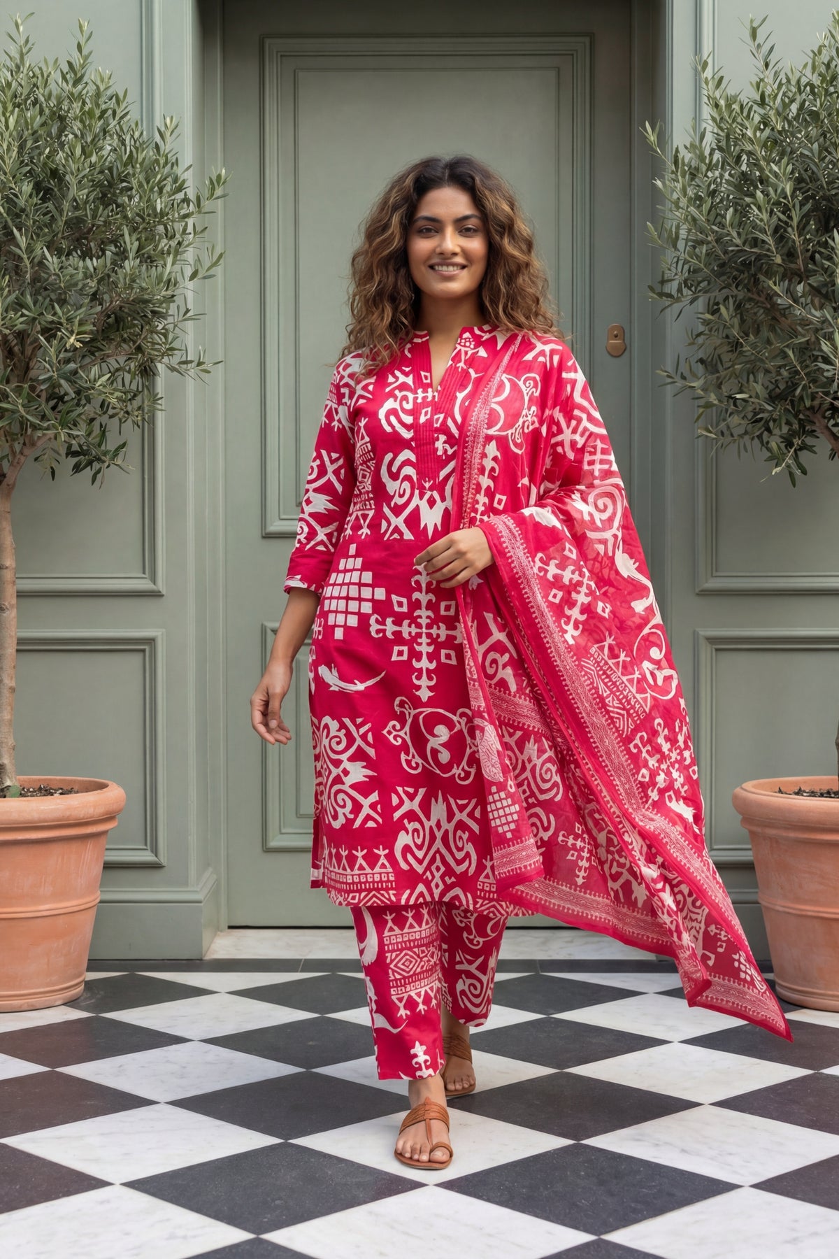 Joyful Radiance Pink Cotton 3-Piece Co-ord Set | Handcrafted Geometric Print | Me&My