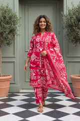 Joyful Radiance Pink Cotton 3-Piece Co-ord Set | Handcrafted Geometric Print | Me&My