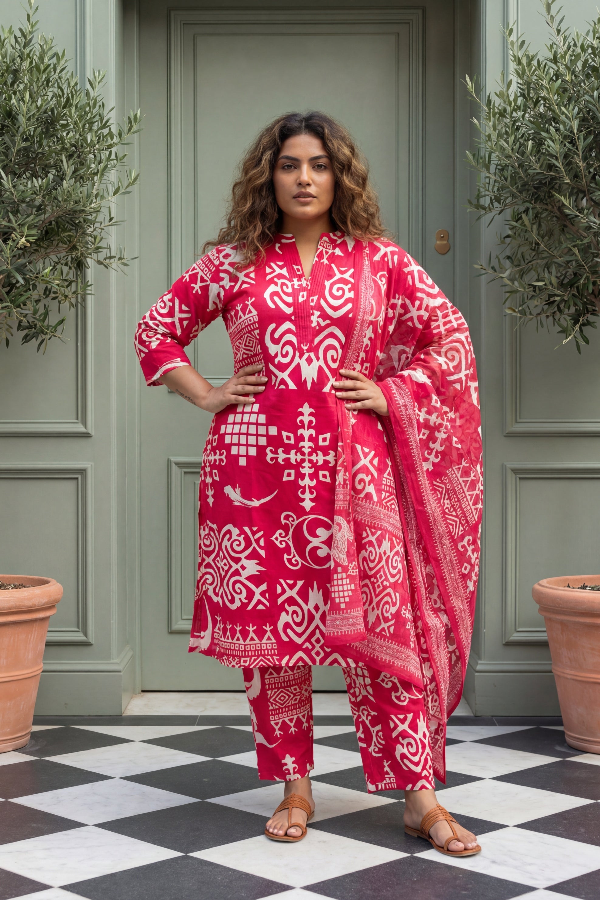 Joyful Radiance Pink Cotton 3-Piece Co-ord Set | Handcrafted Geometric Print | Me&My