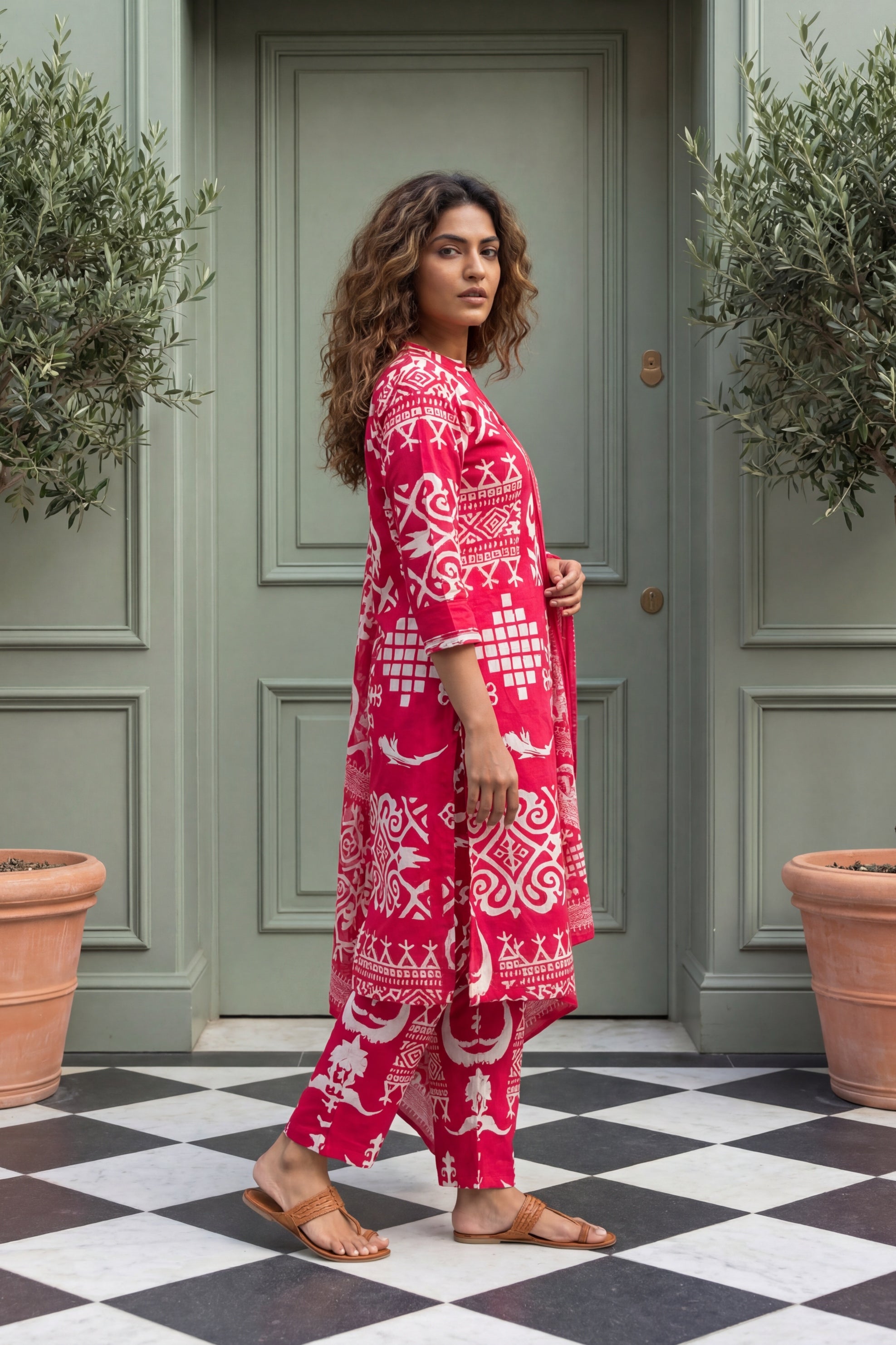 Joyful Radiance Pink Cotton 3-Piece Co-ord Set | Handcrafted Geometric Print | Me&My