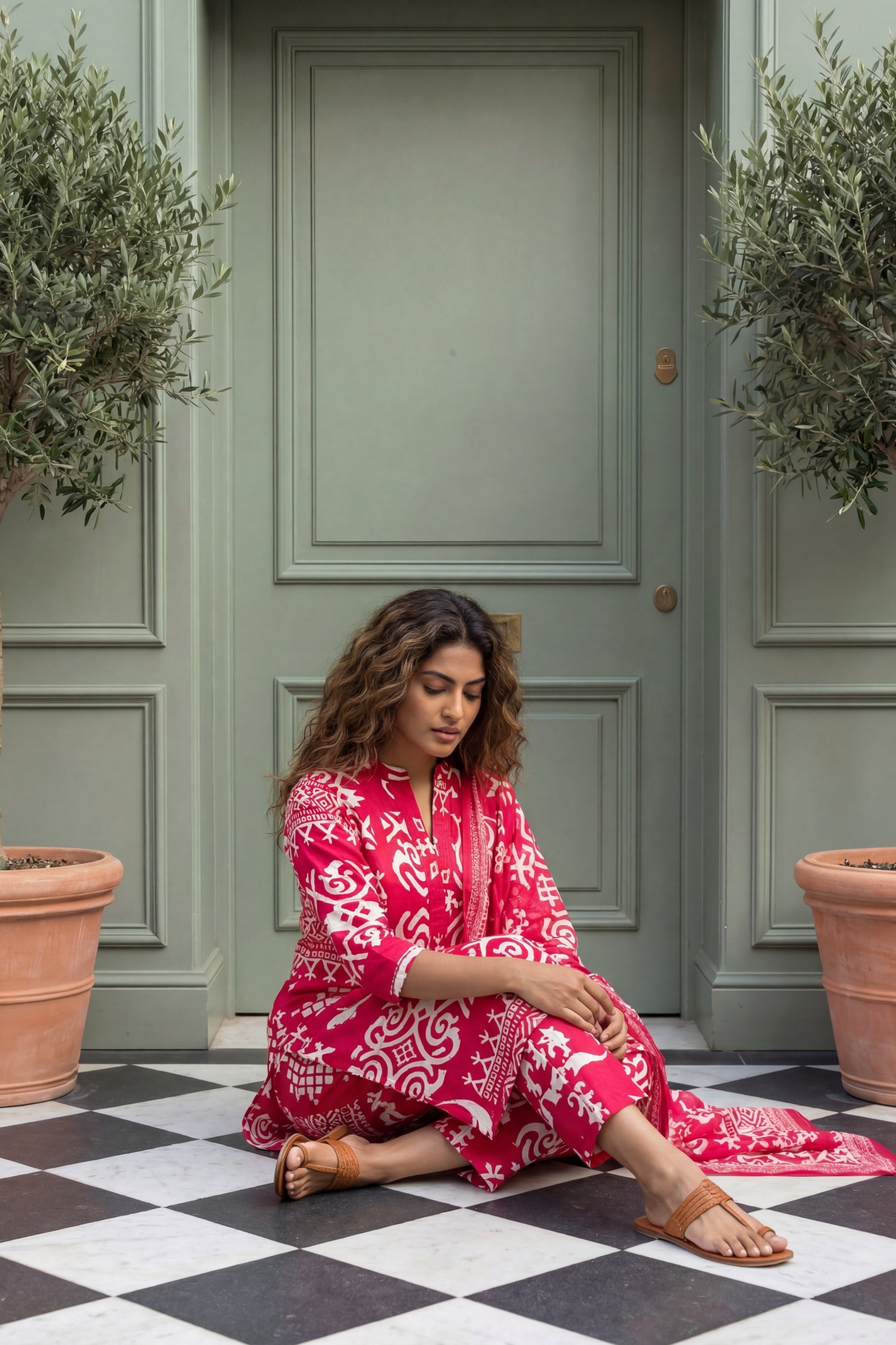 Joyful Radiance Pink Cotton 3-Piece Co-ord Set | Handcrafted Geometric Print | Me&My