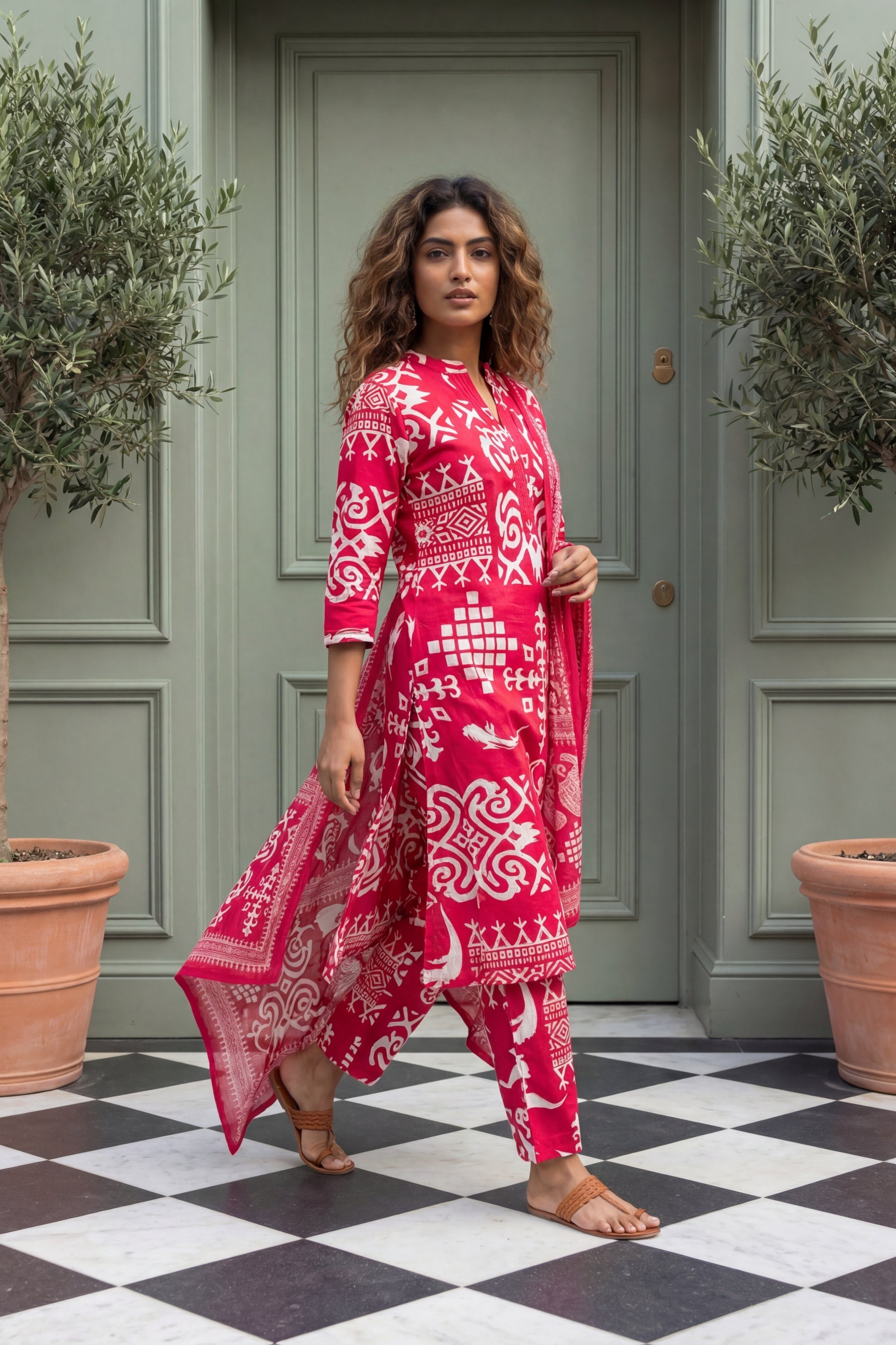 Joyful Radiance Pink Cotton 3-Piece Co-ord Set | Handcrafted Geometric Print | Me&My