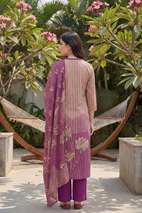 Amethyst Stripe Tassel Lotus Cotton Dupatta Set