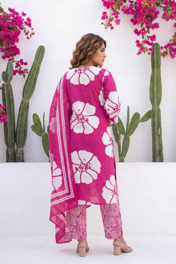Phulkari Bloom Fuchsia Floral Cotton Suit Set