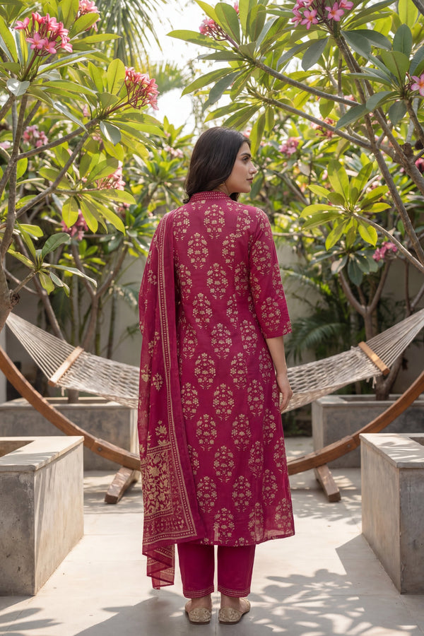 Berry Mughal Tassel Floral Cotton Dupatta Set