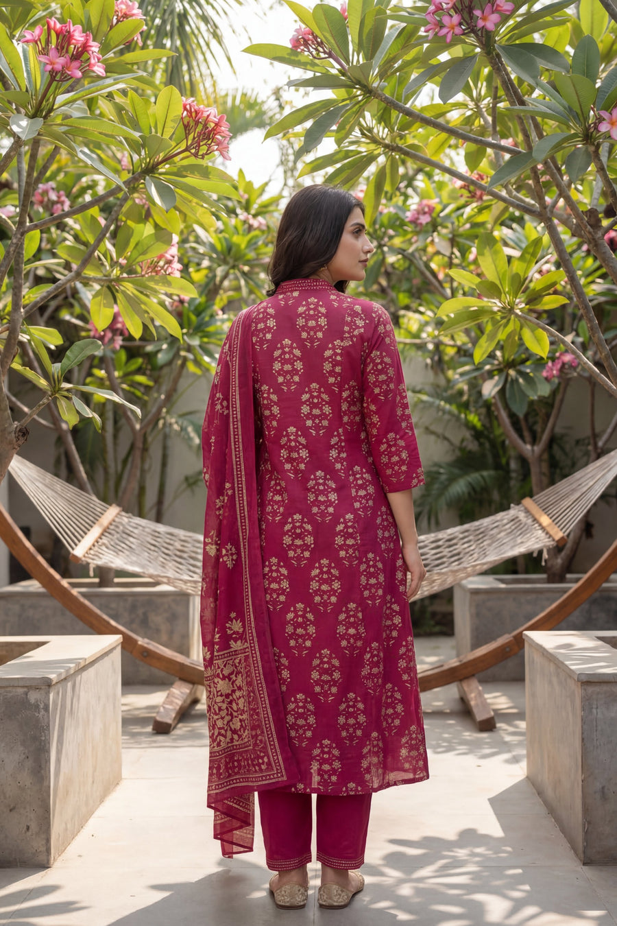 Berry Mughal Tassel Floral Cotton Dupatta Set — image 3