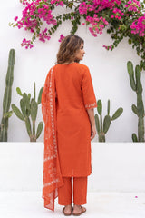 Kesar Meadow Terracotta White-Work Cotton Suit Set