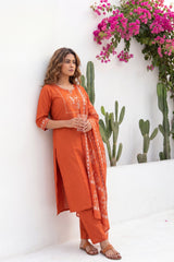 Kesar Meadow Terracotta White-Work Cotton Suit Set