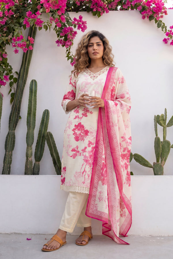 Zardozi Garden Ivory Scattered Floral Cotton Suit Set