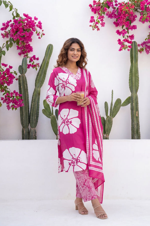 Phulkari Bloom Fuchsia Floral Cotton Suit Set