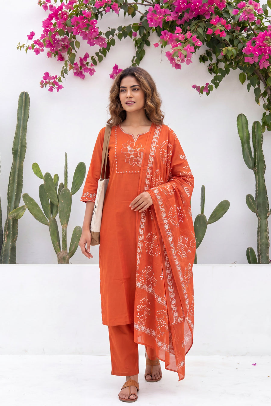 Kesar Meadow Terracotta White-Work Cotton Suit Set — image 2