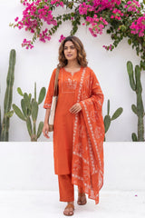 Kesar Meadow Terracotta White-Work Cotton Suit Set