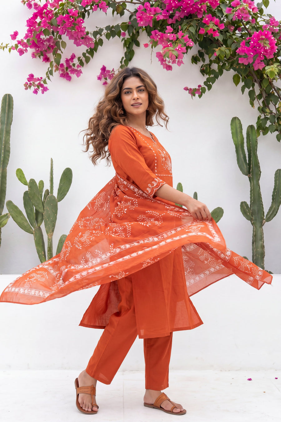 Kesar Meadow Terracotta White-Work Cotton Suit Set — image 4