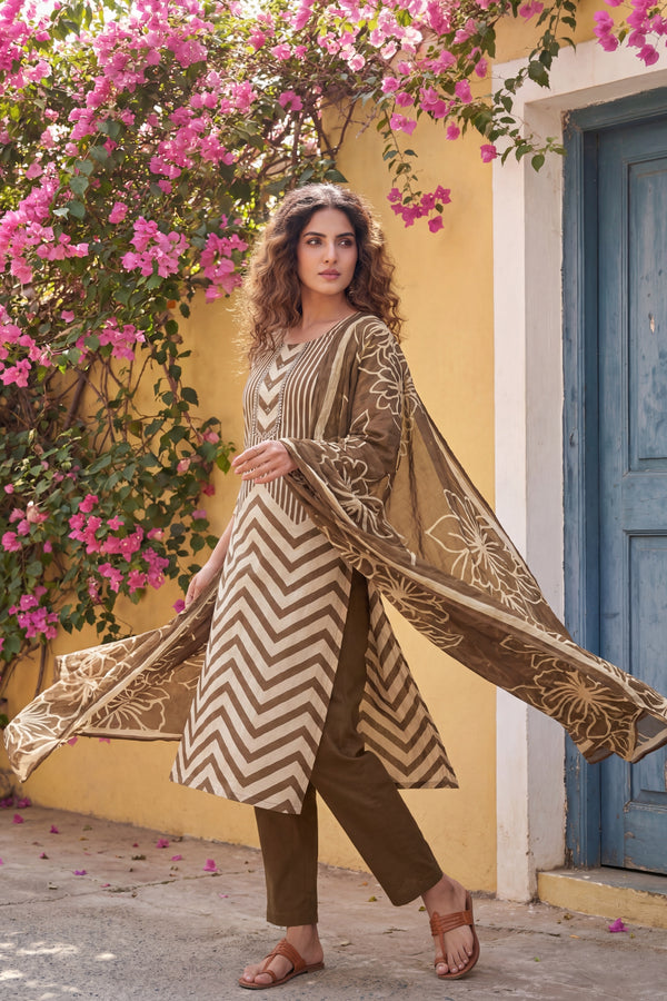 Olive Stripe Botanica Cotton Dupatta Set