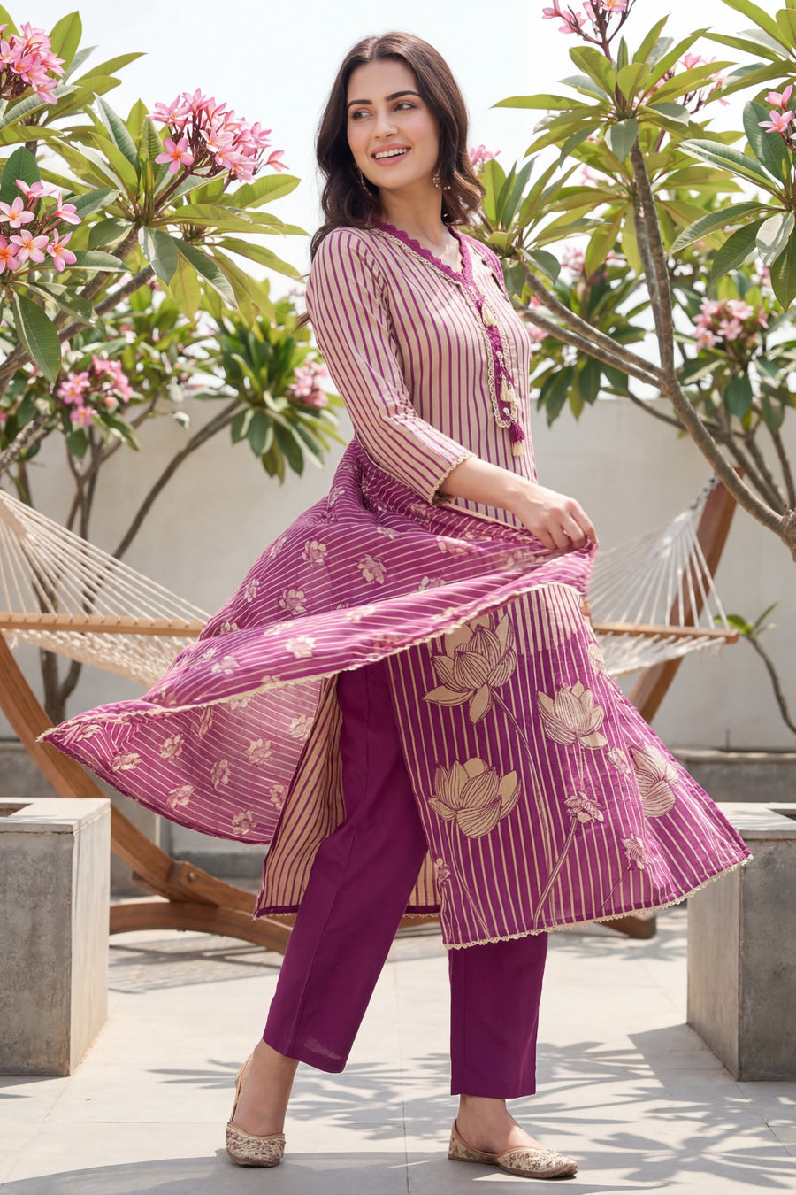 Amethyst Stripe Tassel Lotus Cotton Dupatta Set — image 10