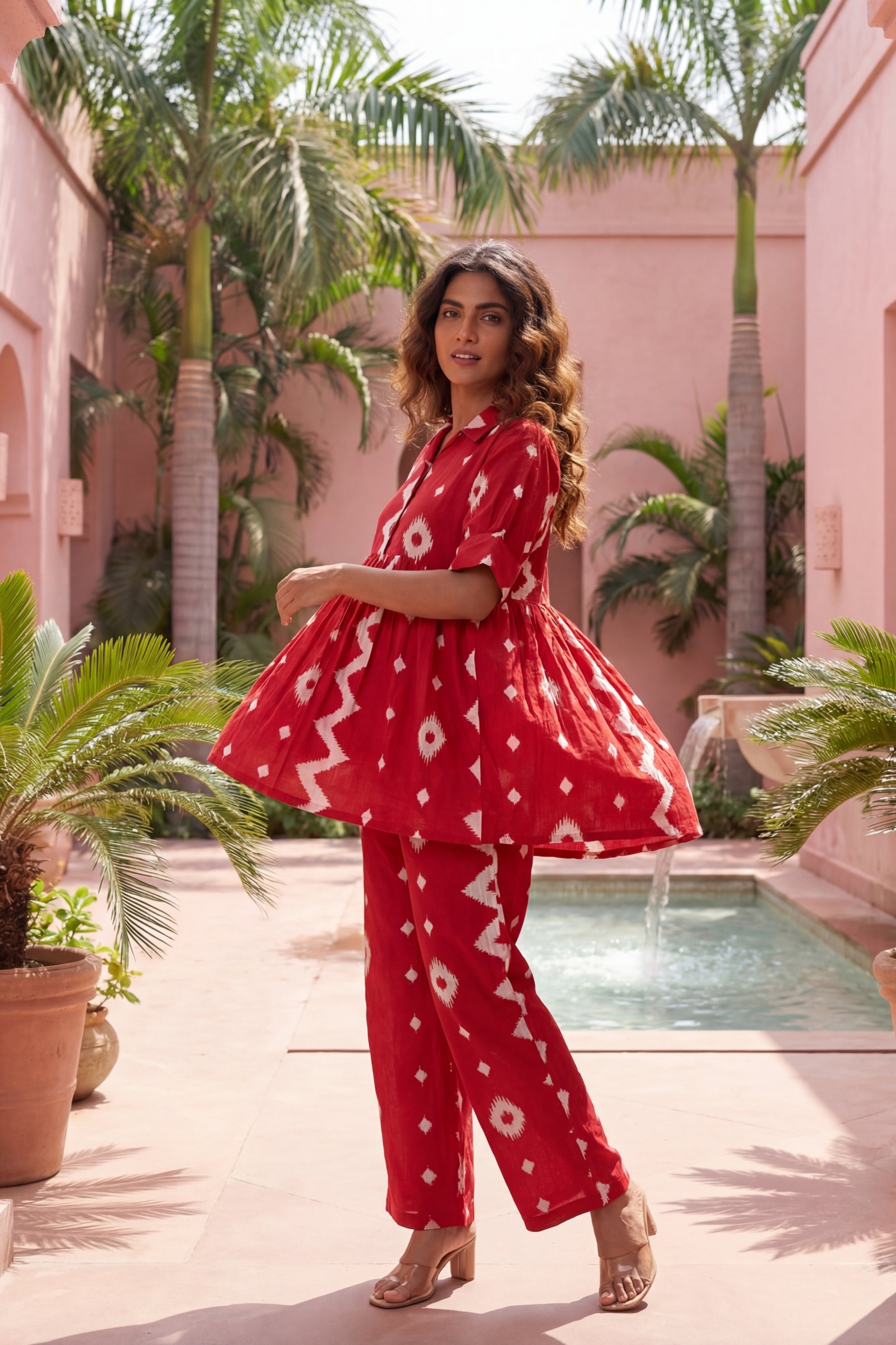 Crimson Diamond Red Cotton Co-ord | Geometric Ikat Print | Threadily Brands