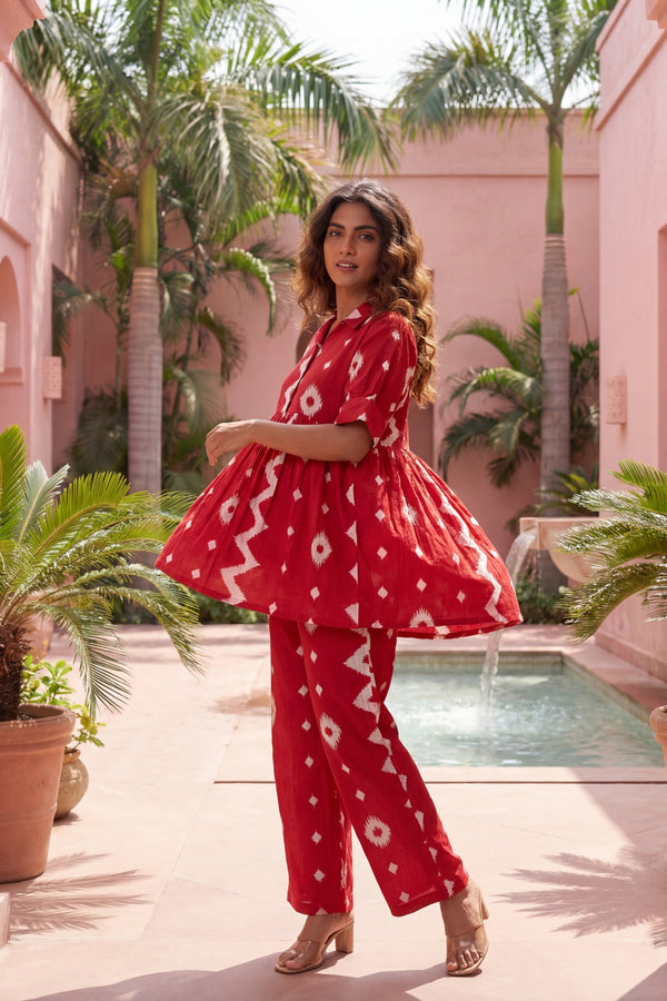 Crimson Diamond Red Cotton Co-ord Set