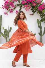 Kesar Meadow Terracotta White-Work Cotton Suit Set