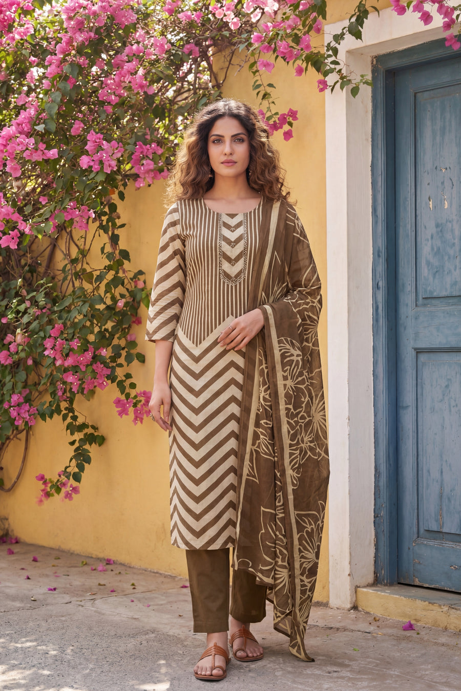 Olive Stripe Botanica Cotton Dupatta Set — image 8