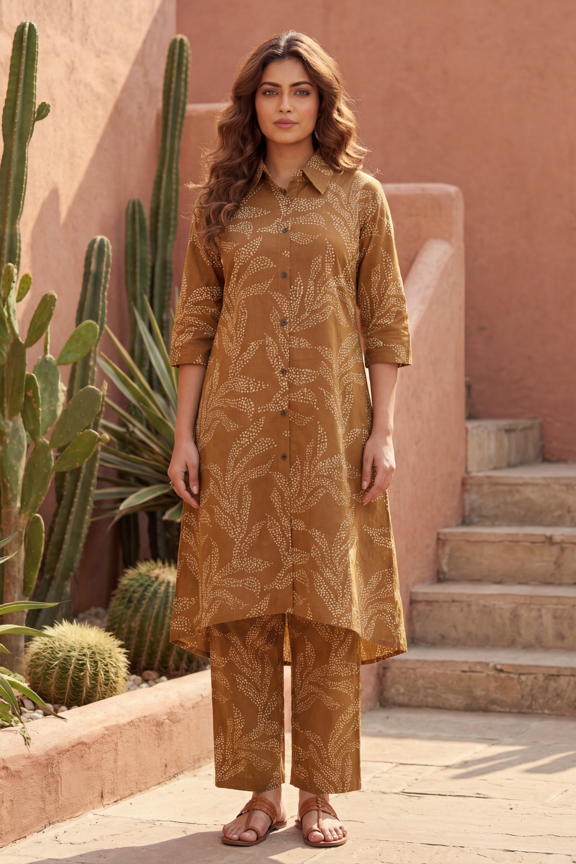 Warm Canvas Brown Cotton Co-ord | Beige Botanical Print | Me&My