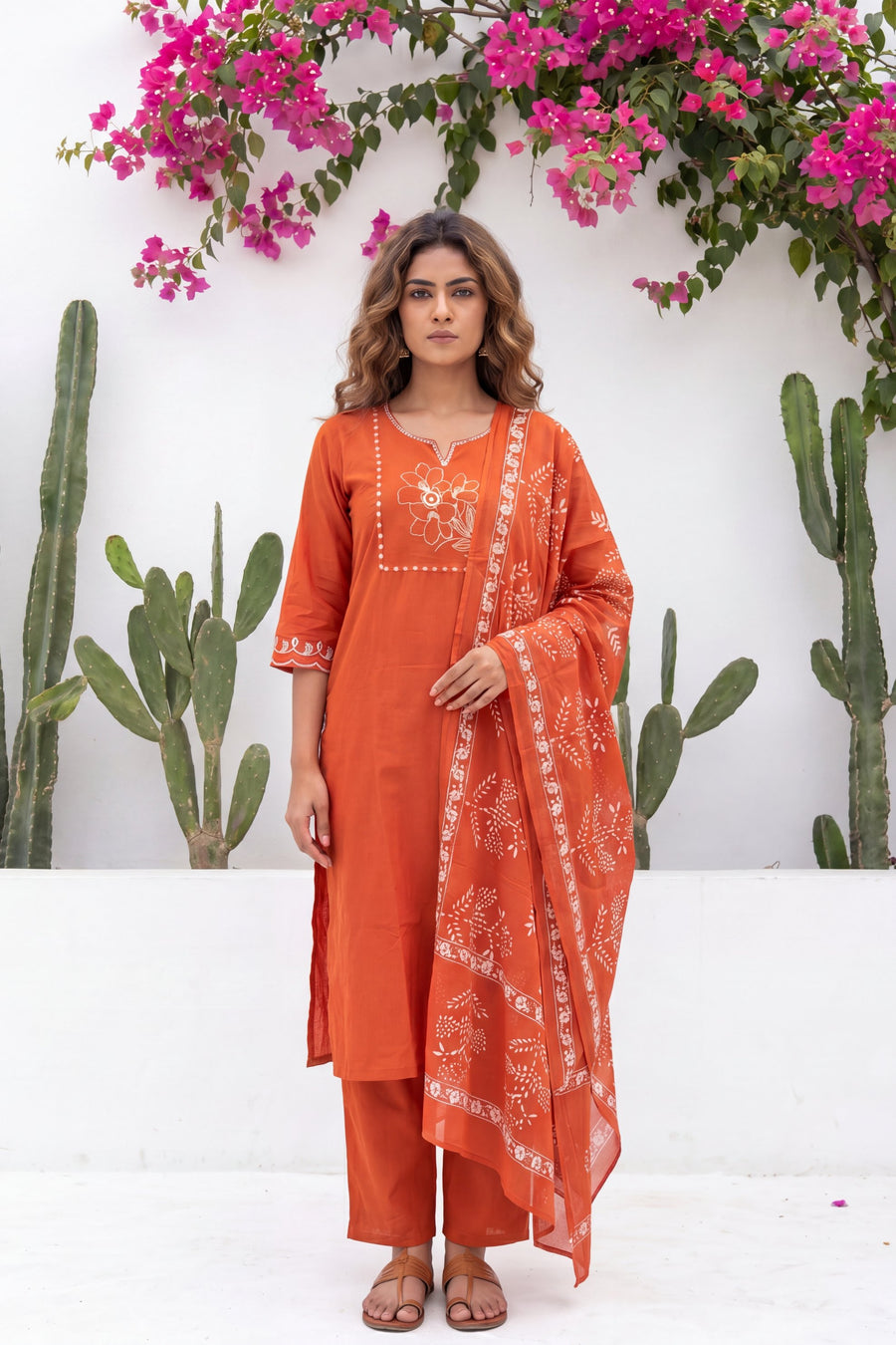 Kesar Meadow Terracotta White-Work Cotton Suit Set — image 9