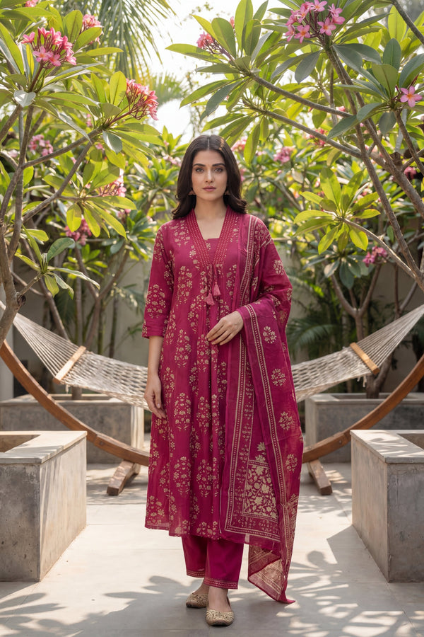 Berry Mughal Tassel Floral Cotton Dupatta Set