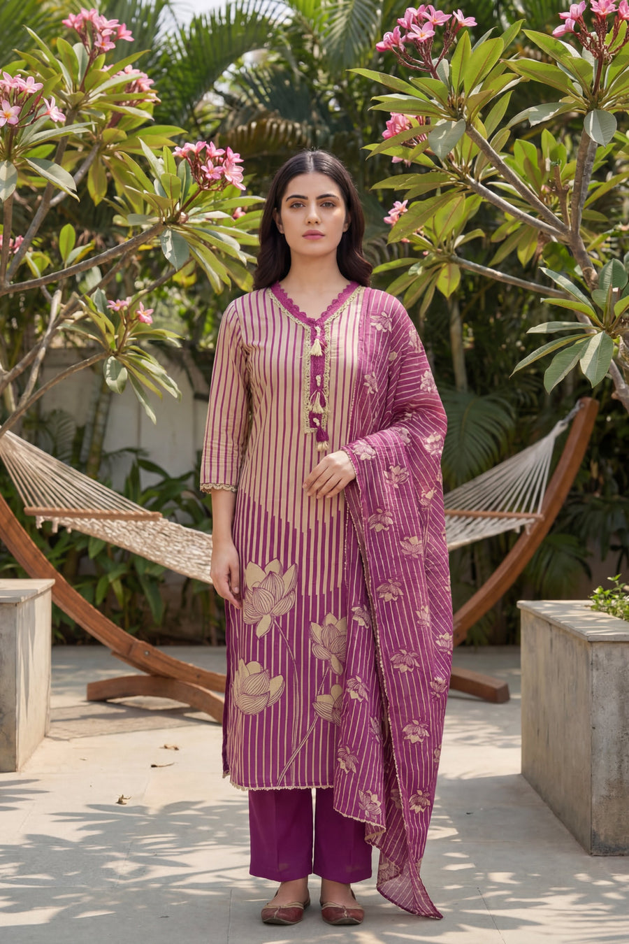 Amethyst Stripe Tassel Lotus Cotton Dupatta Set — image 9