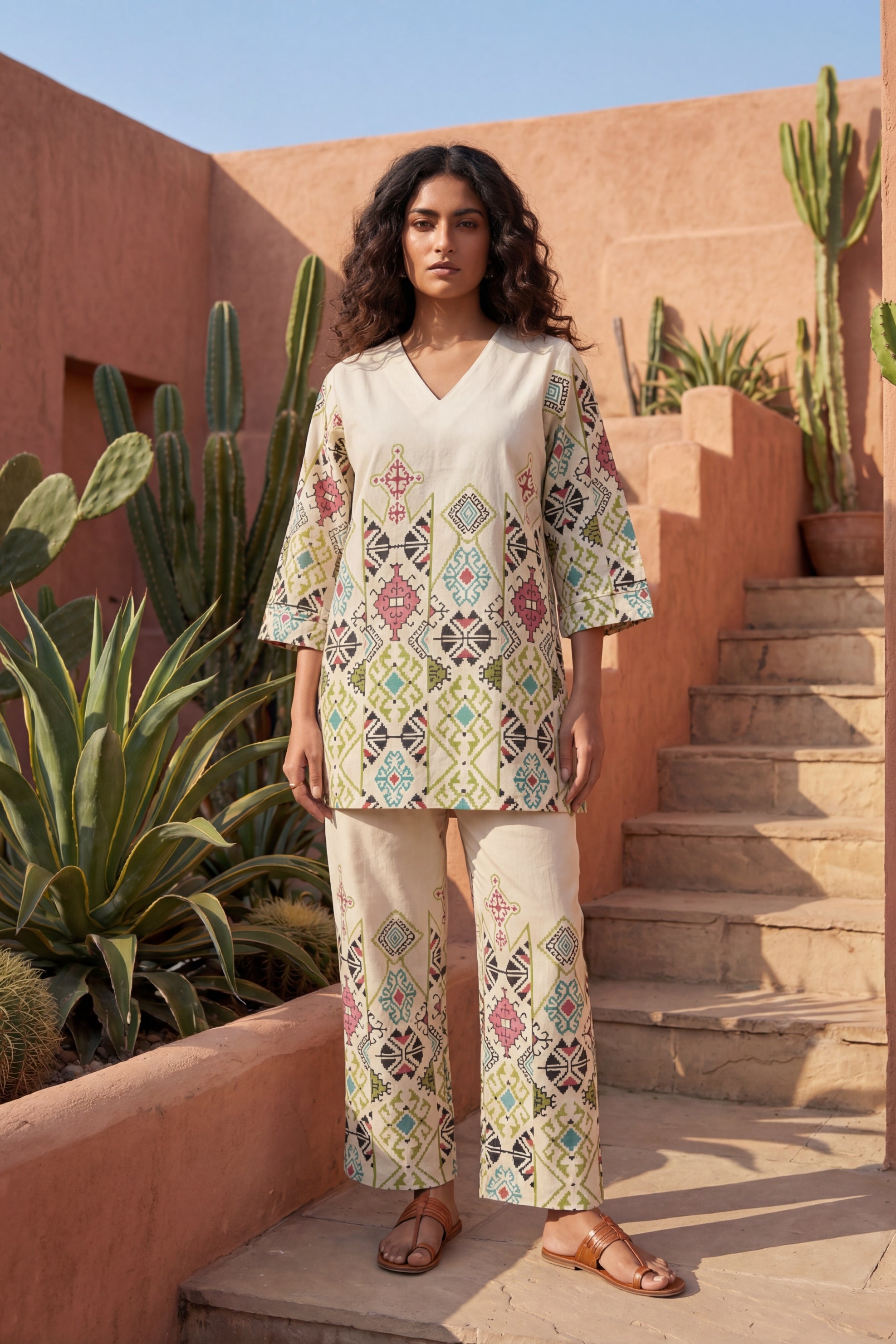 Bohemian Jewels Cream Cotton Flex Co-ord | Geometric Diamond Print | Me&My