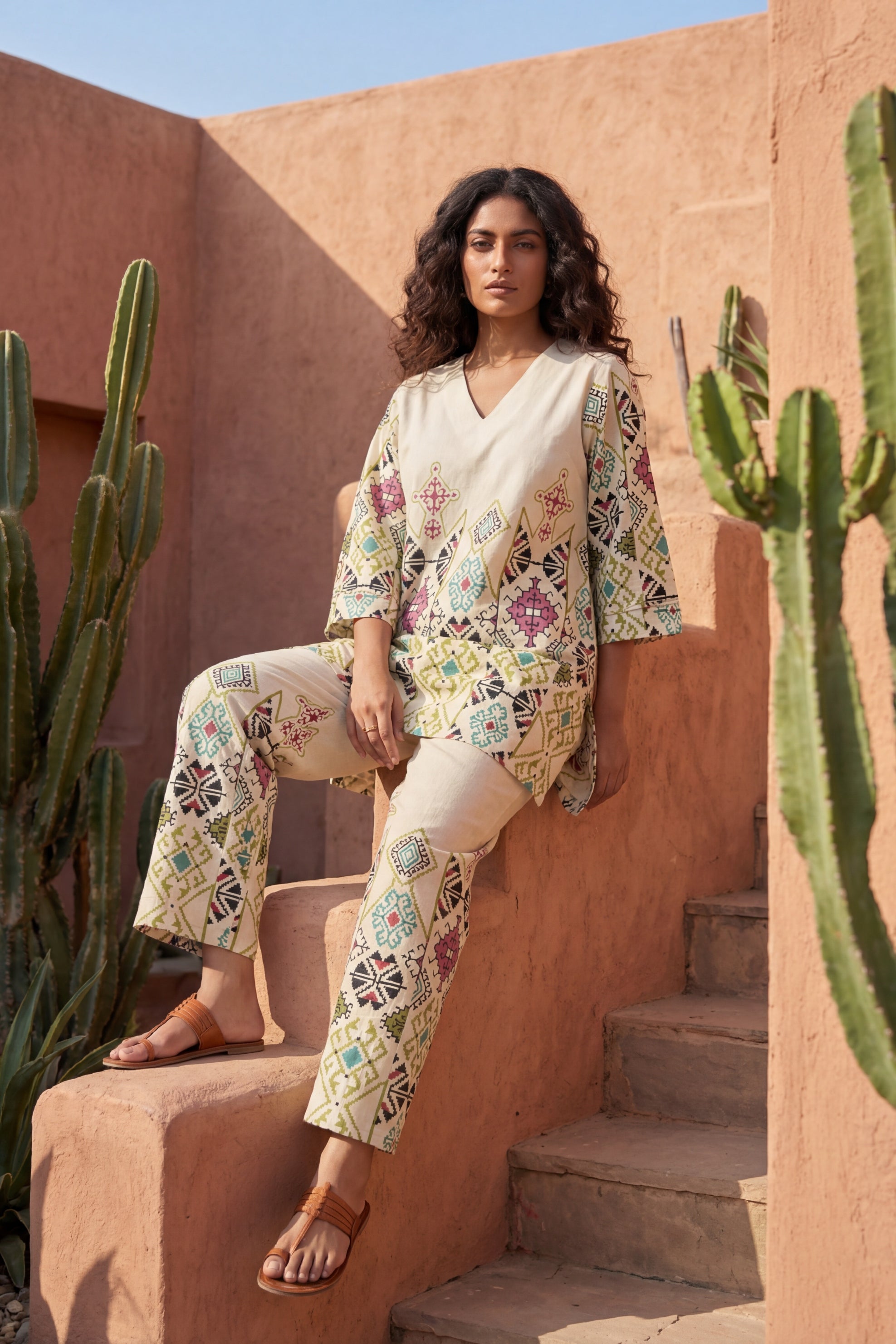 Bohemian Jewels Cream Cotton Flex Co-ord | Geometric Diamond Print | Me&My