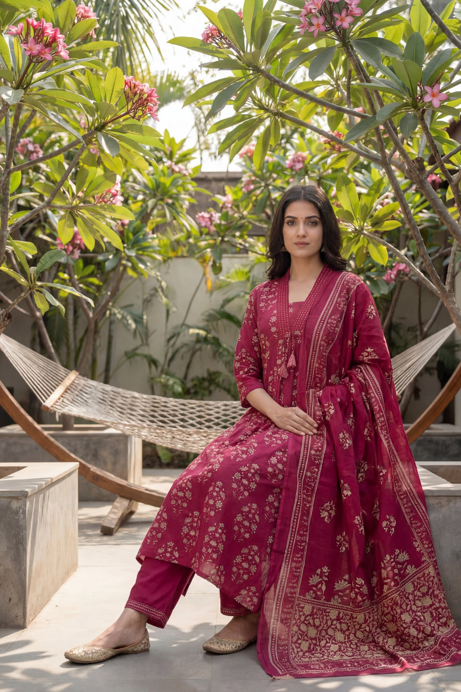 Berry Mughal Tassel Floral Cotton Dupatta Set — image 9