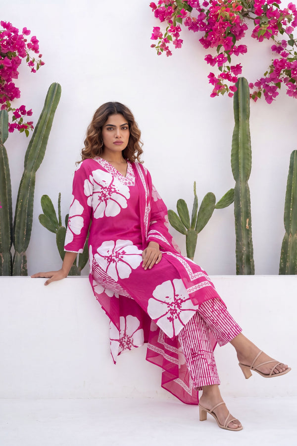Phulkari Bloom Fuchsia Floral Cotton Suit Set