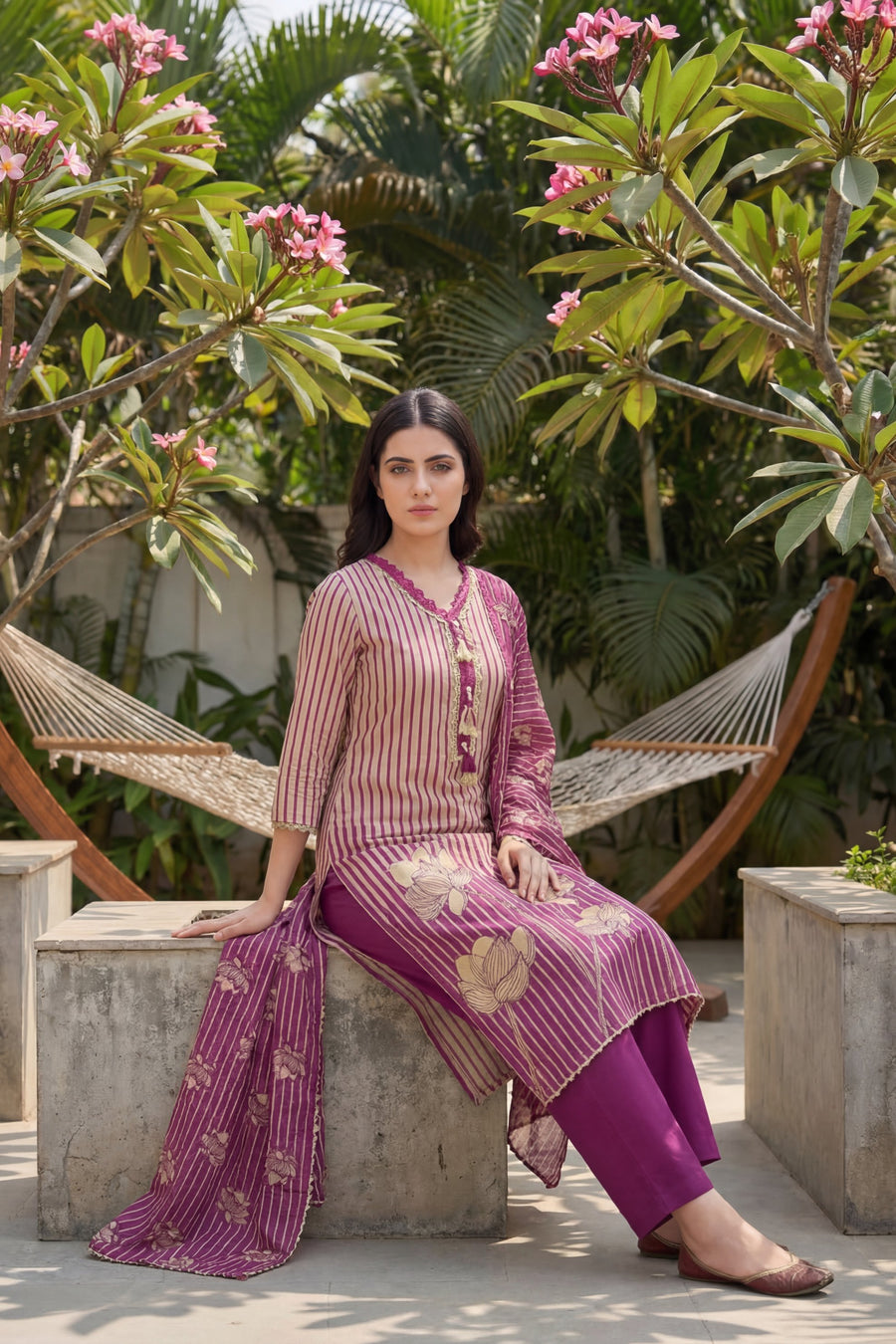 Amethyst Stripe Tassel Lotus Cotton Dupatta Set — image 5