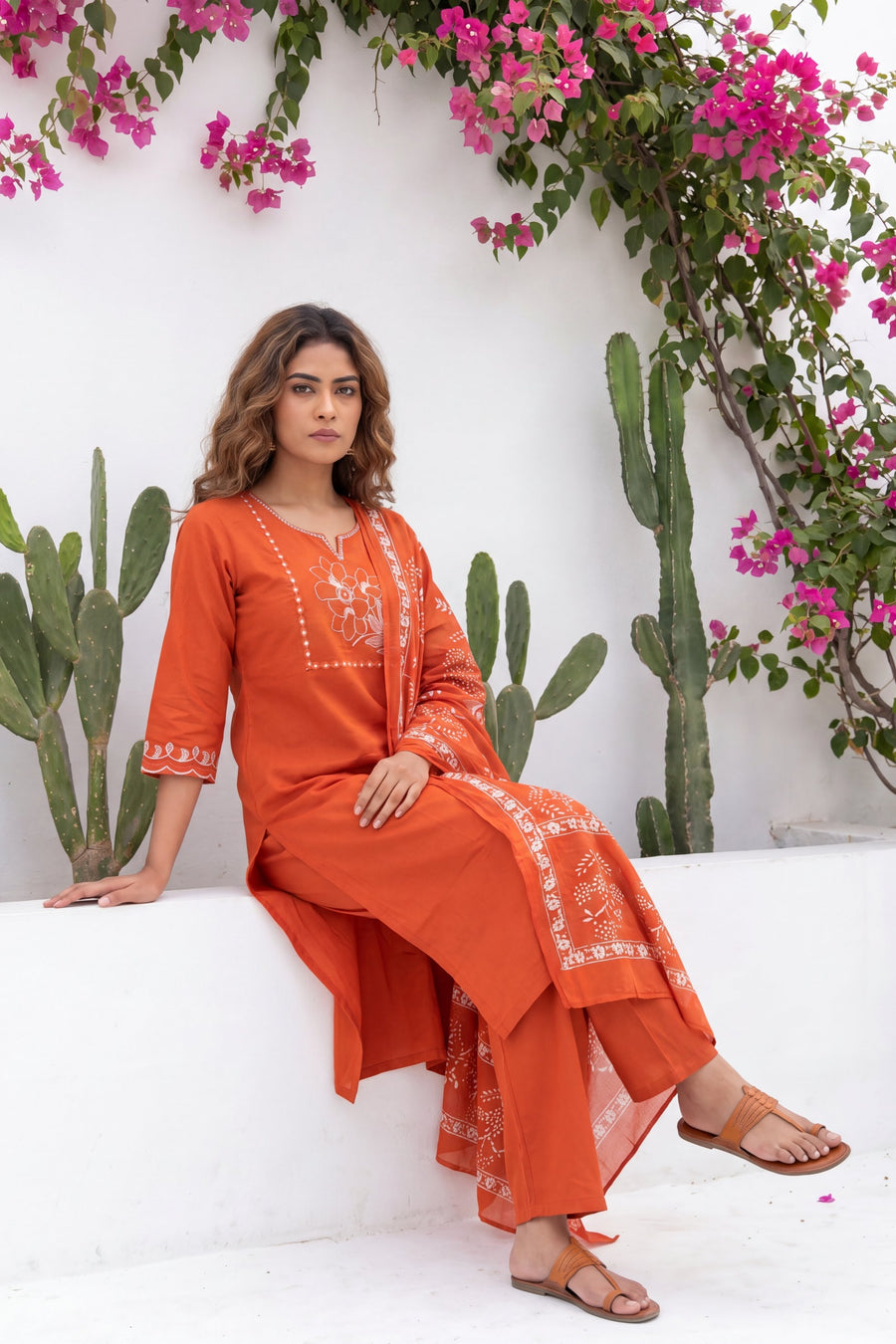 Kesar Meadow Terracotta White-Work Cotton Suit Set — image 5
