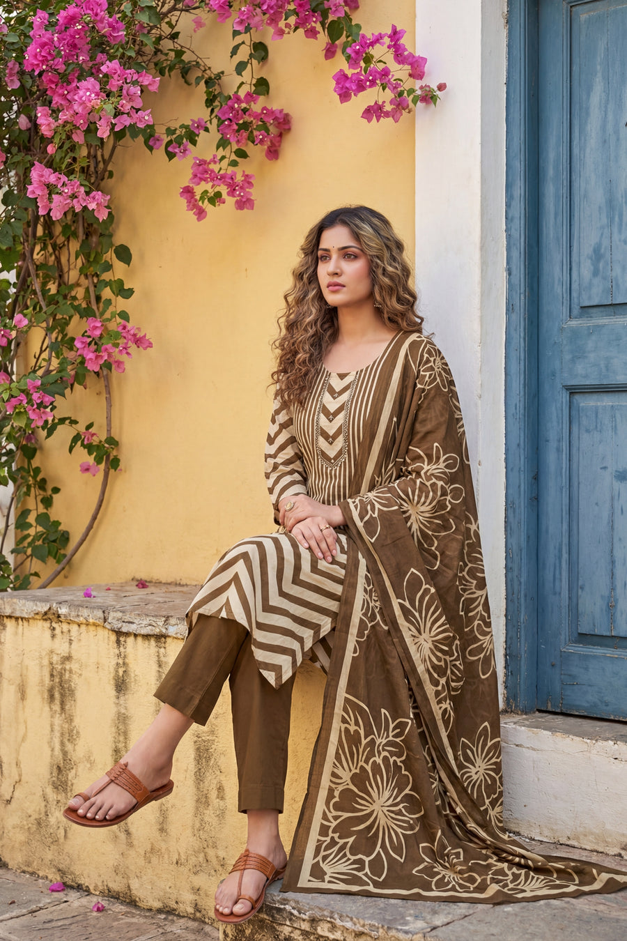 Olive Stripe Botanica Cotton Dupatta Set — image 9