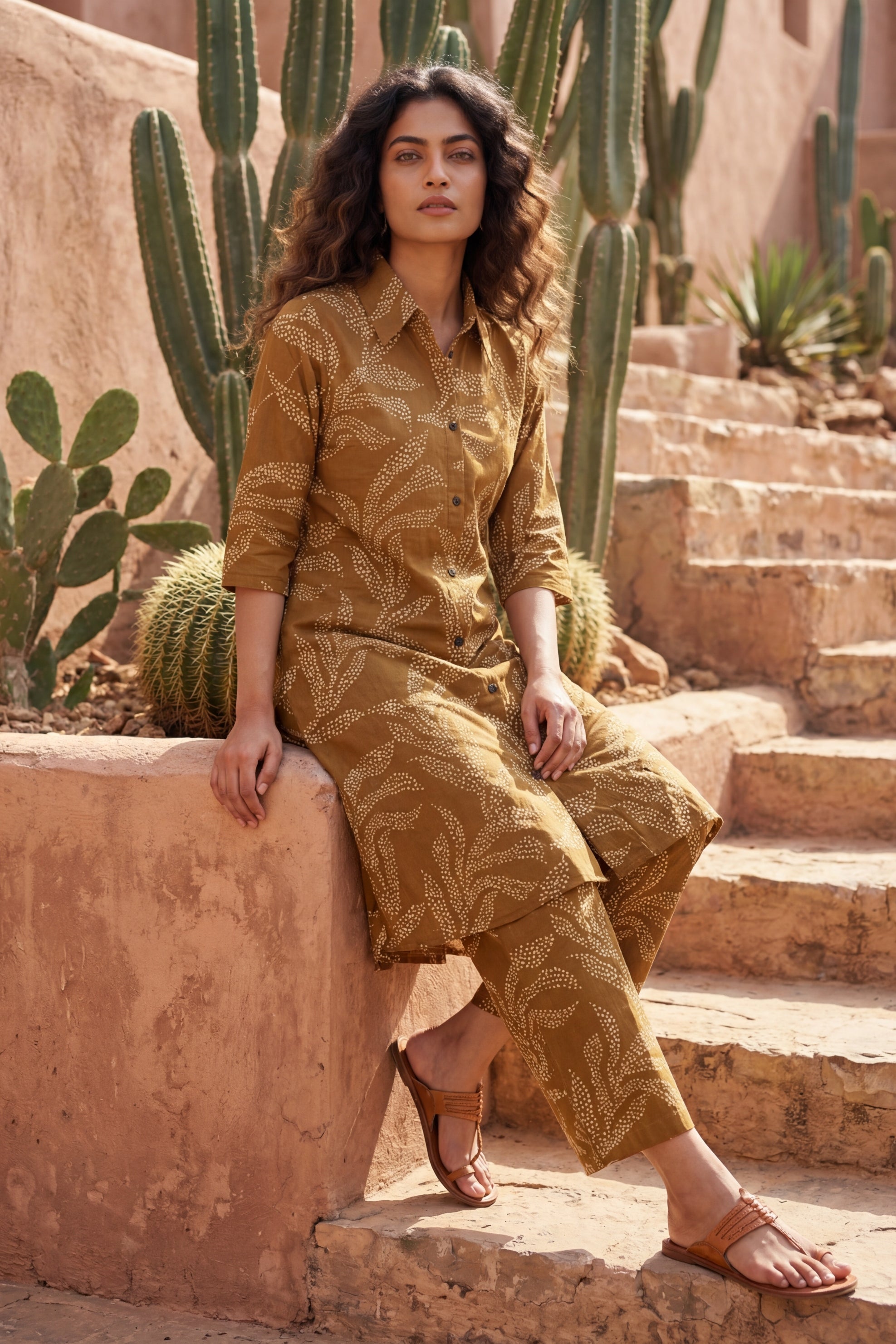 Warm Canvas Brown Cotton Co-ord | Beige Botanical Print | Me&My