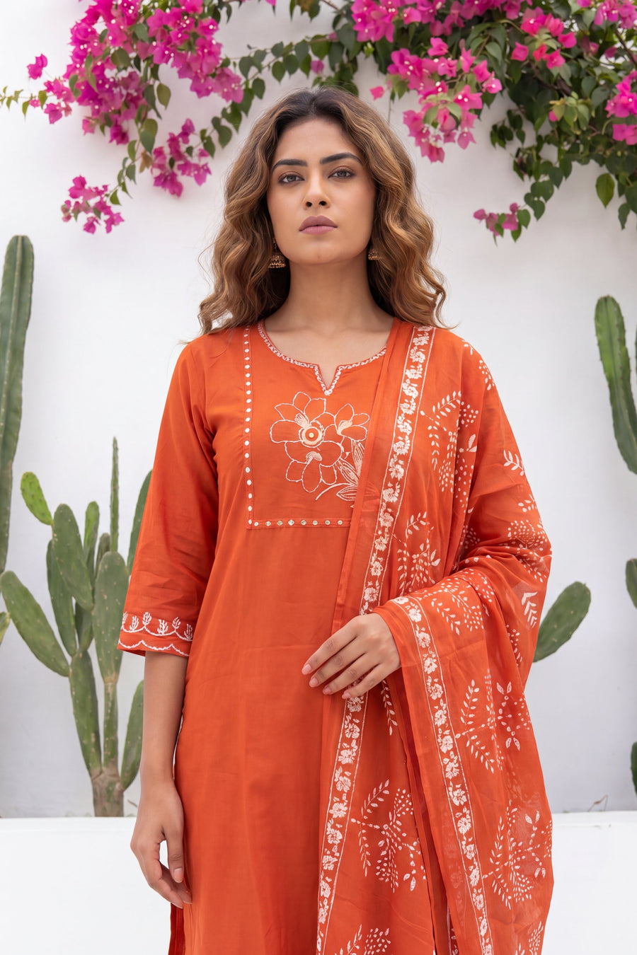 Kesar Meadow Terracotta White-Work Cotton Suit Set — image 6